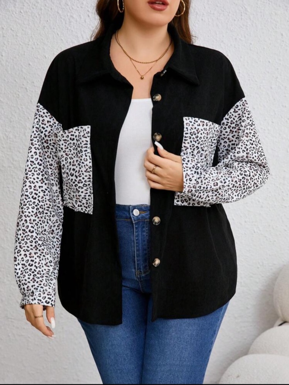 SHEIN Curve Black Button-Down Shirt with White Leopard Print Panels
